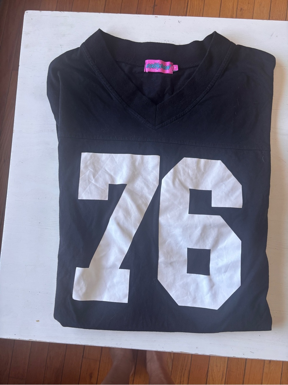 Edikted Black V-Neck Tee with White '76' Graphic
